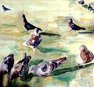 Pigeons, 6’x6’ oil painting, 1975