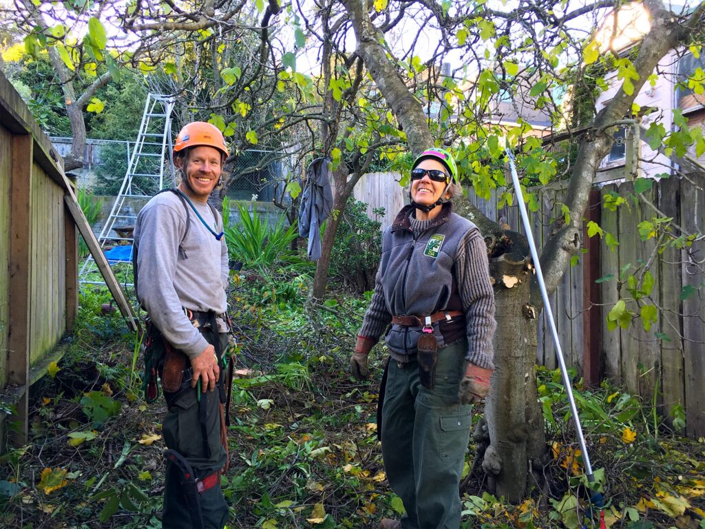 Certified Arborists Jacob McNeil (Oakland Aesthetics) and Jocelyn Cohen (Poetree Landscapes & Arboriculture) in San Francisco urban garden, 2017